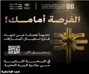 15 أكتوبر المقبل انتهاء استقبال المشاركات في جائزة البنية التحتية 2026 بالرياض