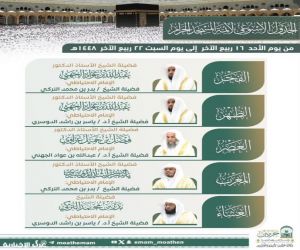 رئاسة الشؤون الدينية تنشر الجدول الأسبوعي لأئمة الحرمين الشريفين