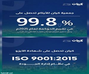 كيان للأيتام تحصد التميز المؤسسي 99.80% في الحوكمة وعلى شهادة الآيزو