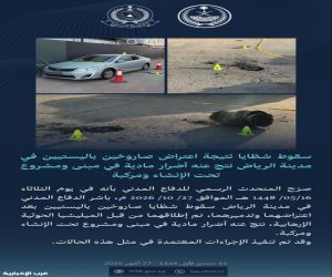 الدفاع المدني : أضرار مادية إثر سقوط شظايا اعتراض صاروخين باليستيين في مدينة الرياض