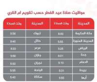 مواقيت صلاة العيد في مدن المملكة ومحافظاتها