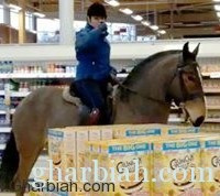 فيديو/ شابة تتجول في متجر "تيسكو" على ظهر حصان!